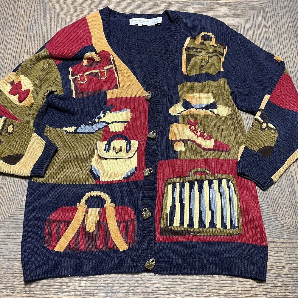 Vintage Purses Shoes Hats Blue Cardigan‎ Hand Knit Sweater Large Eagles Eye Y2K